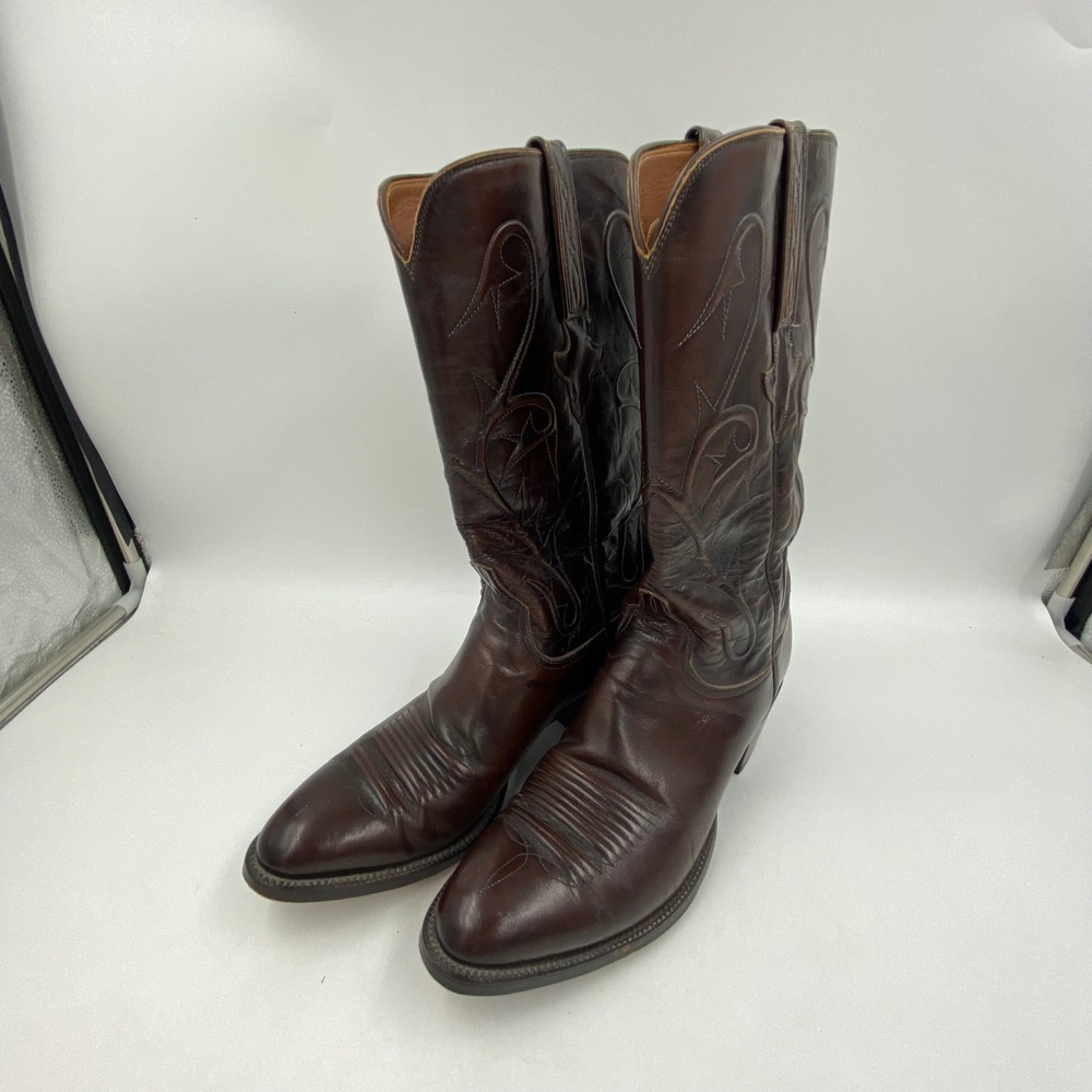 Vintage Lucchese Mens 9D Cowboy Boots Dark Brown Leather Western USA Excellent